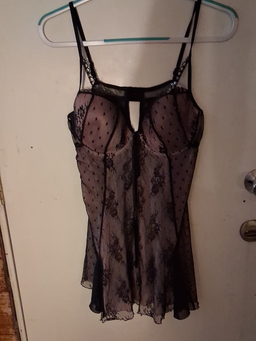 delicates Black Sheer Lace Chemise with Polka Dot and Floral Detail